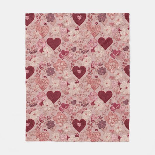 Romantic Embroidered Hearts & Floral Pattern Fleecedecke (Vorderseite)