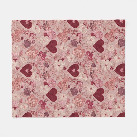 Romantic Embroidered Hearts & Floral Pattern Fleecedecke (Vorderseite (Horizontal))