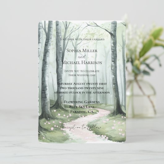 Romantic Enchanted Forest Wedding Einladung (Stehend Vorderseite)