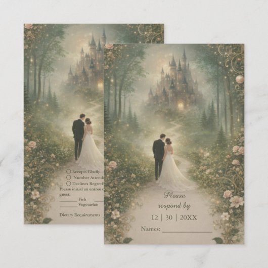 Romantic Fairytale Castle Forest Path Wedding RSVP Karte (Vorne/Hinten)