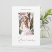 Romantic Fake Rose Gold Floral Frame Photo XV años Einladung (Stehend Vorderseite)