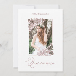 Romantic Fake Rose Gold Floral Frame Photo XV años Einladung