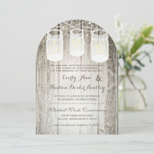 Romantic Firefly Mason Jar Wedding Einladung (Stehend Vorderseite)