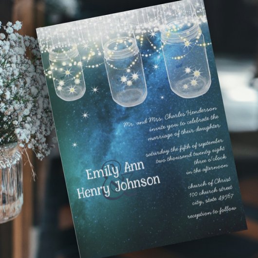 Romantic Firefly Mason Jar Wedding Einladung