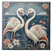 Romantic Flamingo Couple Art Deco Blue Pond Floral Fliese (Vorderseite)