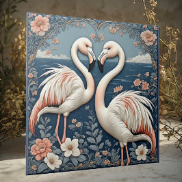 Romantic Flamingo Couple Art Deco Blue Pond Floral Fliese