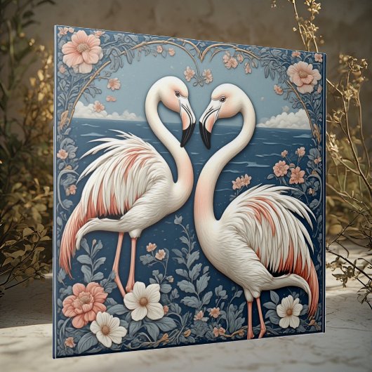 Romantic Flamingo Couple Art Deco Blue Pond Floral Fliese