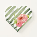 Romantic Floral Design Gift Notebooks Notizblock<br><div class="desc">Romantic Pink Flowers with Green Stripe Pattern Background Watercolor Painting Design Gift Heart Shaped Notebooks with personalized name Text Perfekte gift for your Bridesmaids, as Wedding Favors , Bridal Shower Favors , Birthday Party Favors, Graduation Party Favors. Matching Wedding Einladungen, Save the Date cards, Bridesmaid to be Request Cards, Thank...</div>