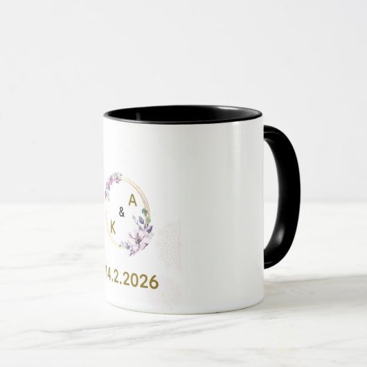Romantic Floral Frame Couple Mug with Initials & W Tasse (VorderseiteRechts)