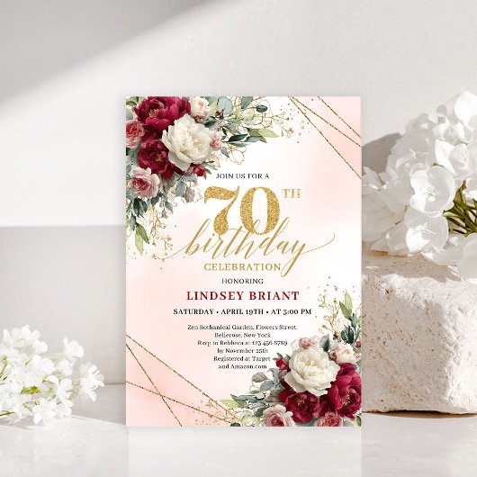 Romantic Floral Gold 70th Birthday Invitation Einladung