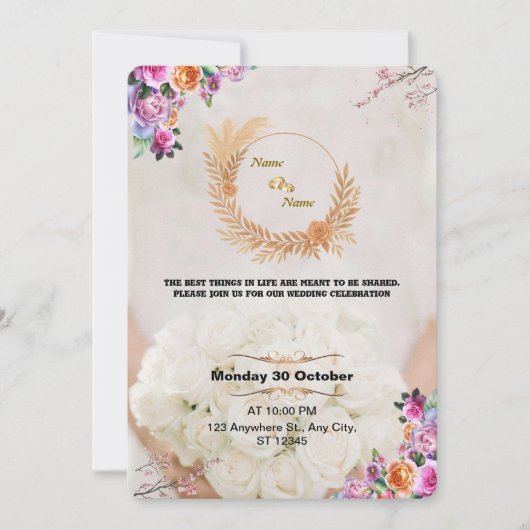 Romantic Floral Gold Wedding Invitation Einladung (Vorderseite)