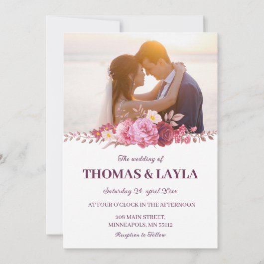 Romantic Floral Wedding Invitation with Photo Einladung (Vorderseite)