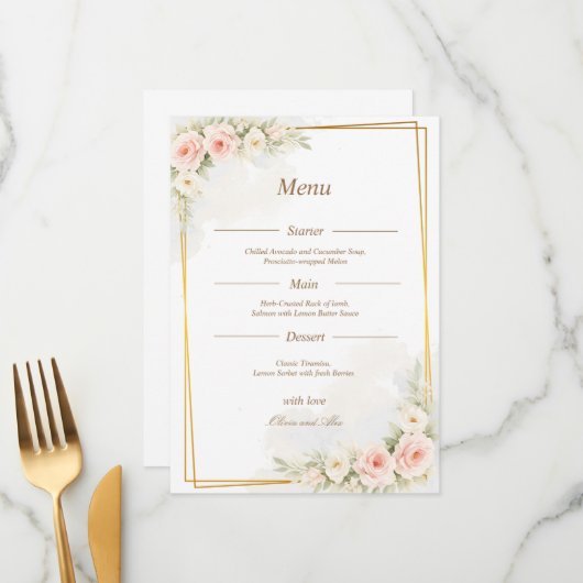 Romantic Floral Wedding Menu Dusty Blush Peony Menükarte (Vorderseite/Rückseite Beispiel)