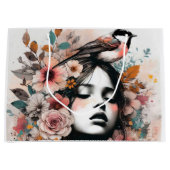 Romantic Floral Woman with Delicate Bird Details Große Geschenktüte (Vorderseite)