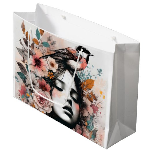 Romantic Floral Woman with Delicate Bird Details Große Geschenktüte (Vorderseite Schrägansicht)