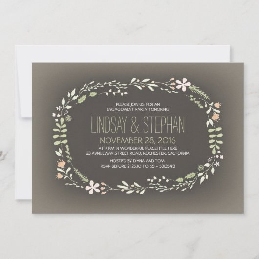 romantic floral wreath vintage engagement party einladung (Vorderseite)