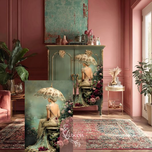 Romantic Florals Sage Green Lady & a Parasol Art Seidenpapier