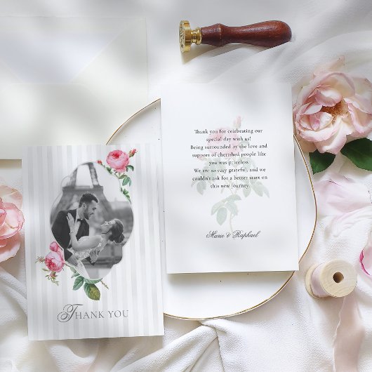 Romantic French Rose Botanical Photo Wedding Dankeskarte