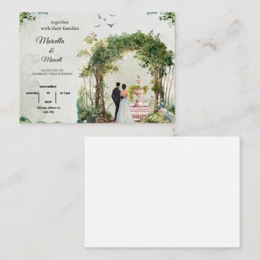Romantic Garden Arch Watercolor Wedding Invitation Mitteilungskarte (Vorne/Hinten)