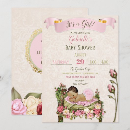 Romantic Garden Baby Dusche Pink Green Rose Einladung (Vorne/Hinten)