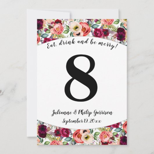 Romantic Garden Floral Wedding Tischnummer Card (Vorderseite)