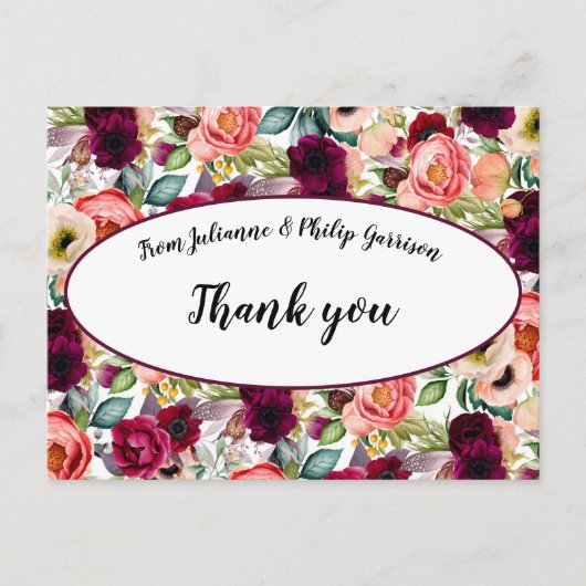 Romantic Garden Floral Wedge Vielen Dank Postkarte (Vorderseite)