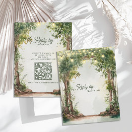 Romantic Garden String Lights QR Code Wedding RSVP Karte