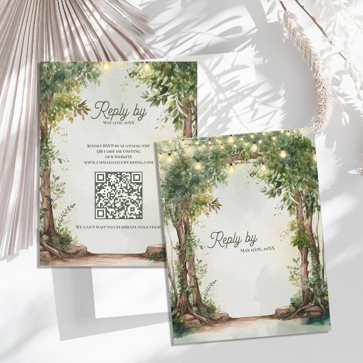 Romantic Garden String Lights QR Code Wedding  RSVP Karte