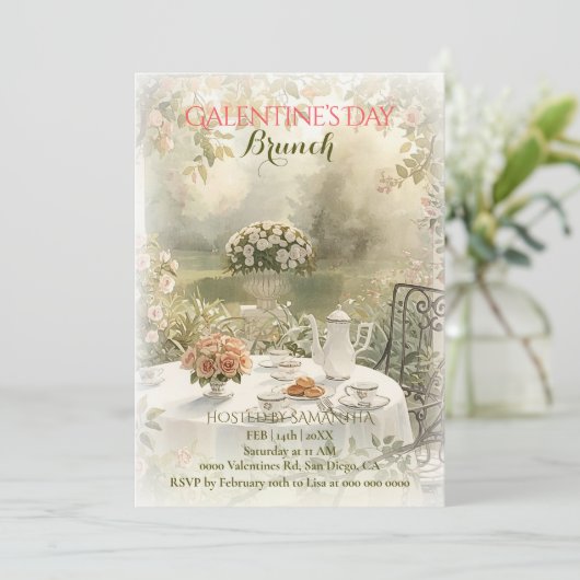 Romantic Garden Tea Galentine Brunch Soft Florals Einladung (Stehend Vorderseite)