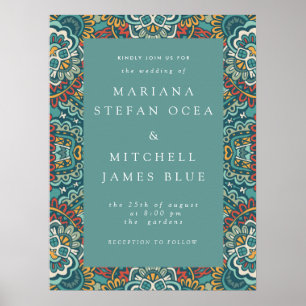 Romantic Geometric Mandala weich blau grau und rot Poster