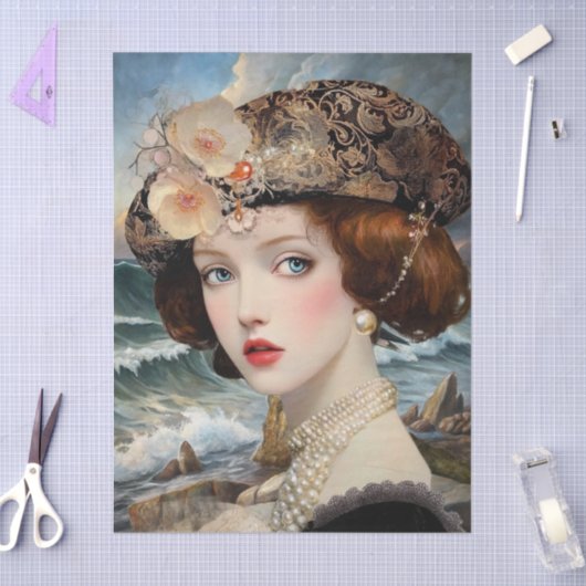 Romantic Girl Flowers Stormy Ocean Scene Seidenpapier (Basteln)