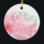 Romantic Glass Hearts Rose Petals Keramik Ornament<br><div class="desc">Elegante und romantische Illustration mit zwei Glasherzen auf einem Bett mit weißen rosa Rosenblättern.</div>