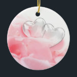Romantic Glass Hearts Rose Petals Keramik Ornament<br><div class="desc">Elegante und romantische Illustration mit zwei Glasherzen auf einem Bett mit weißen rosa Rosenblättern.</div>