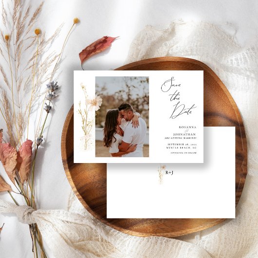Romantic Gold and Blush Pressed Flowers Photo Save The Date