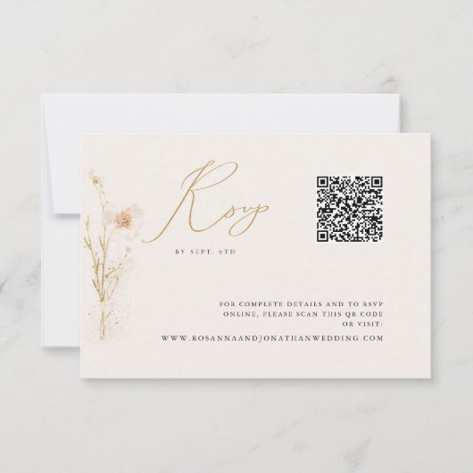 Romantic Gold Blush Pressed Flowers QR code RSVP (Vorderseite)