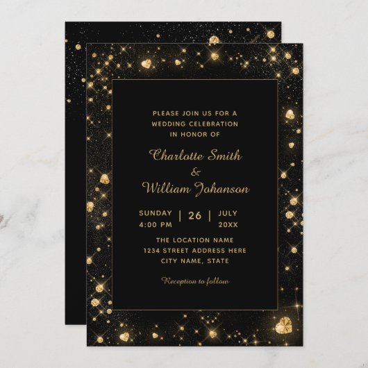 Romantic Gold Funkelnd Diamond Hört Schwarz Einladung (Vorne/Hinten)