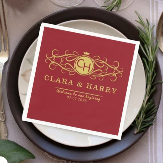 Romantic gold red elegant calligraphy wedding serviette