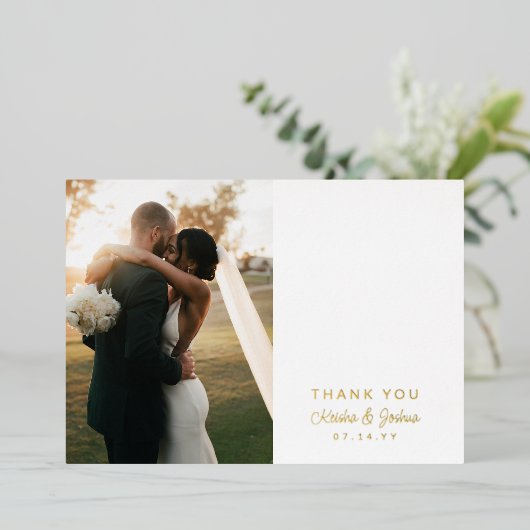 Romantic Gold Script Wedding Foto Vielen Dank Folieneinladung (Stehend vorne)