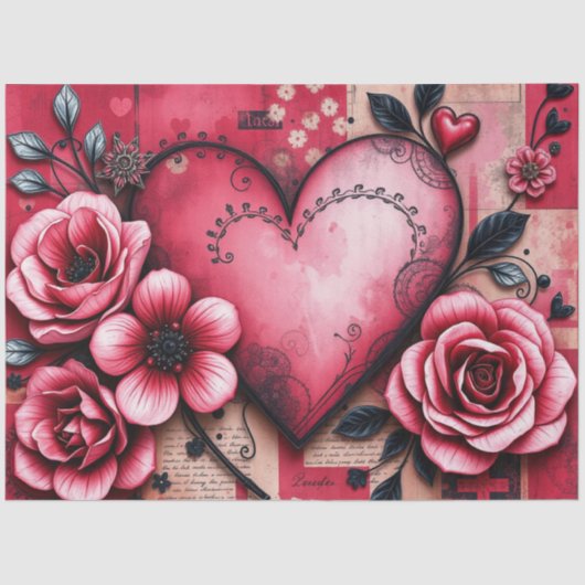 Romantic Gothic Hearts and flowers Tissue Paper Seidenpapier (Vorderseite)