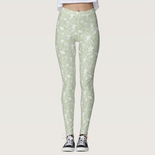 Romantic Green White Flowers Leggings (Vorderseite)