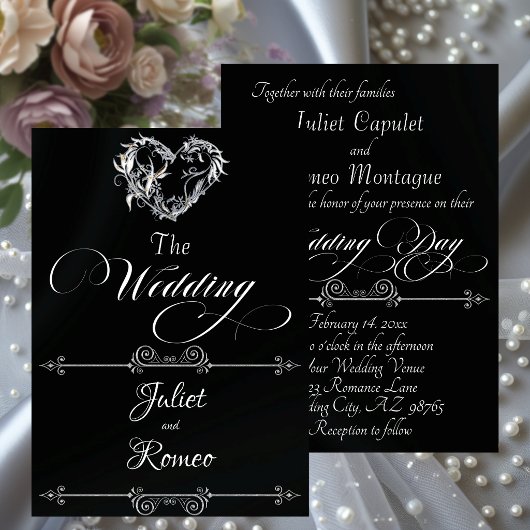Romantic Heart & Calligraphy on Black - Wedding Einladung