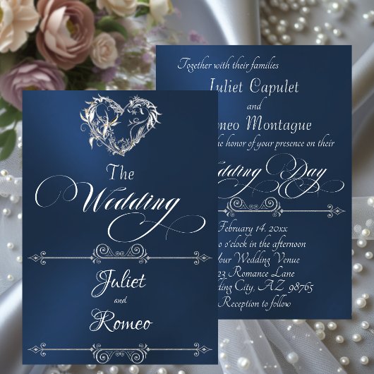 Romantic Heart & Calligraphy on Blue - Wedding Einladung