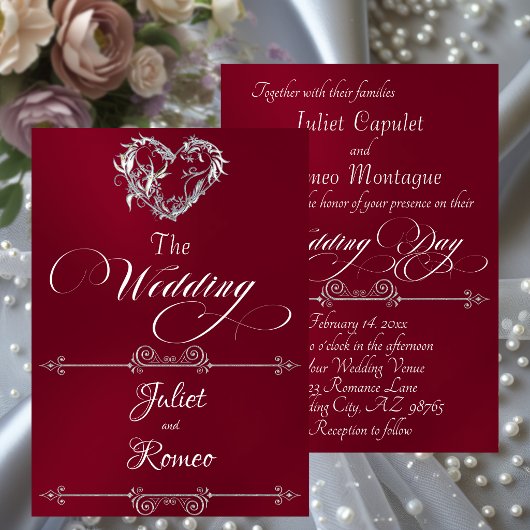 Romantic Heart & Calligraphy on Burgundy - Wedding Einladung