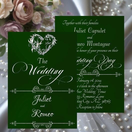 Romantic Heart & Calligraphy on Emerald - Wedding Einladung