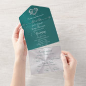 Romantic Heart & Calligraphy - Teal/Silver All In One Einladung (Abreißen)