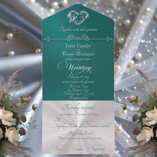 Romantic Heart & Calligraphy - Teal/Silver All In One Einladung