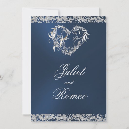 Romantic Heart & Glitter on Blue Wedding Einladung (Vorderseite)