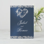 Romantic Heart & Glitter on Blue Wedding Einladung (Stehend Vorderseite)