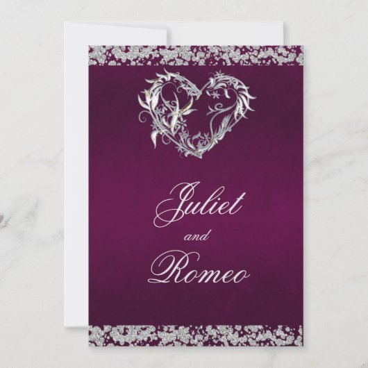 Romantic Heart & Glitter on Plum Wedding Einladung (Vorderseite)
