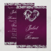 Romantic Heart & Glitter on Plum Wedding Einladung (Vorne/Hinten)